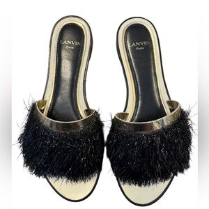 Lanvin Black and Gold Fur Slide Sandals